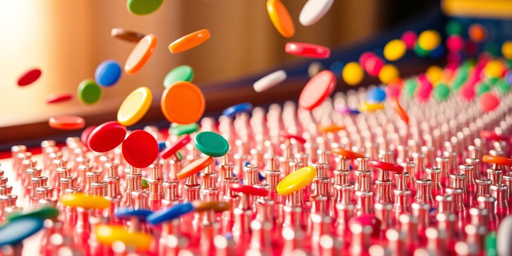 Plinko chips falling through pegs.