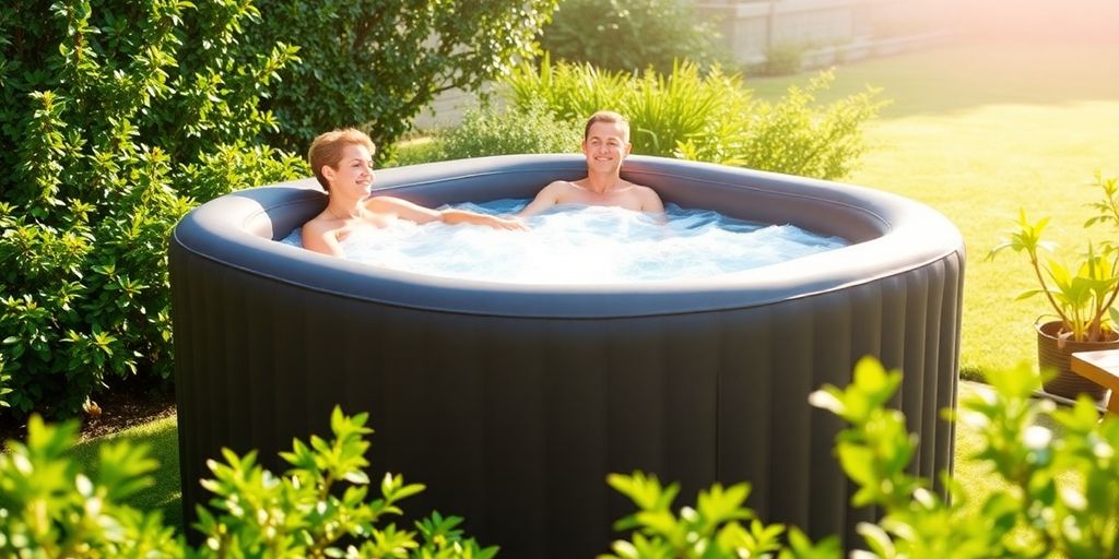 Inflatable hot tub with bubbles and people.