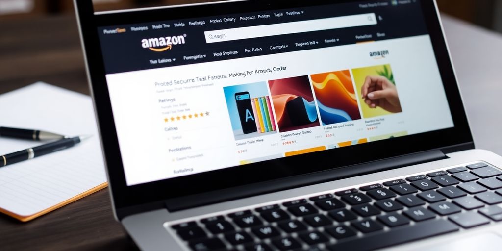Laptop screen with Amazon product images and ratings.