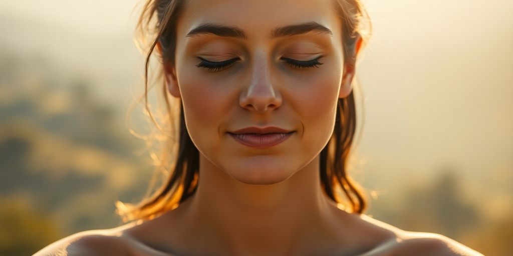 Serene person meditating outdoors, bathed in soft light.