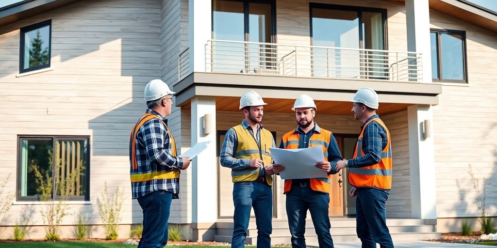 Modern home exterior with contractor overseeing construction.