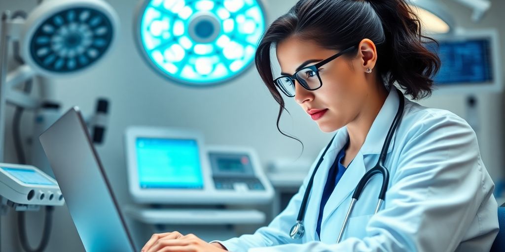 Profissional de saúde em ambiente moderno analisando estratégias digitais.