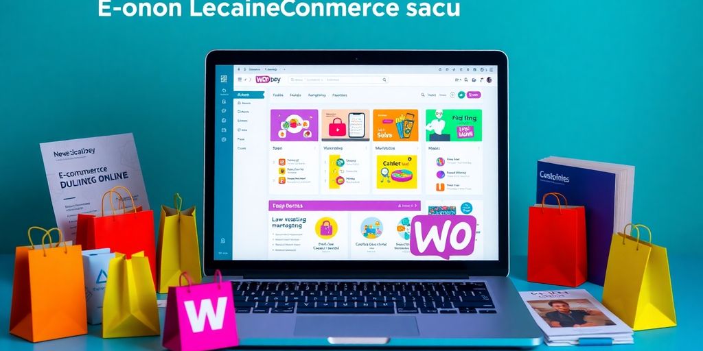 Laptop with WooCommerce dashboard and shopping bags displayed.