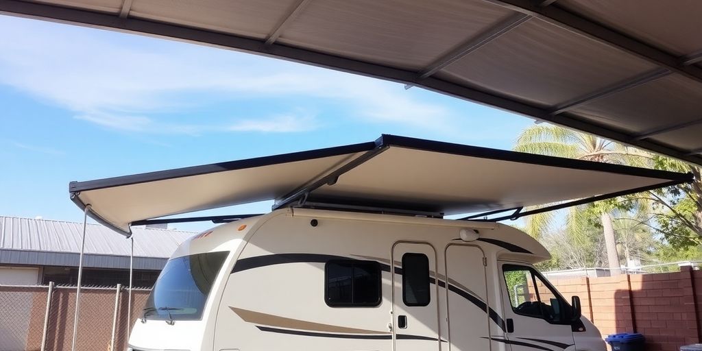 RV parked under a simple roof-only cover.