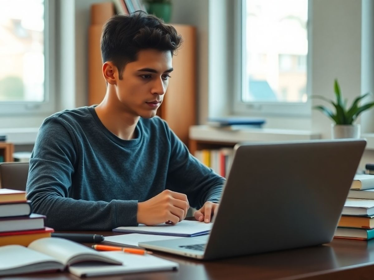 Student studying at a desk with books and laptop.