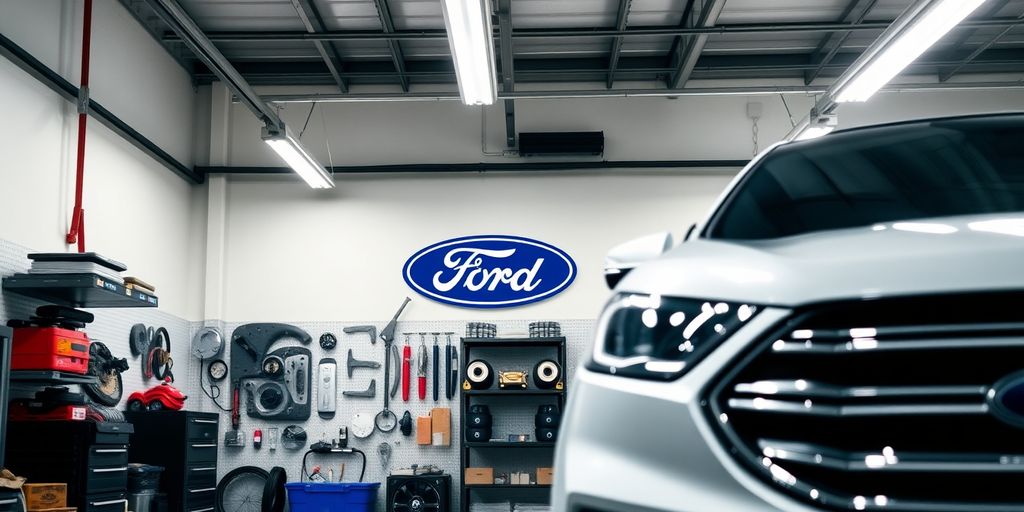 Ford parts and vehicles in a repair shop.