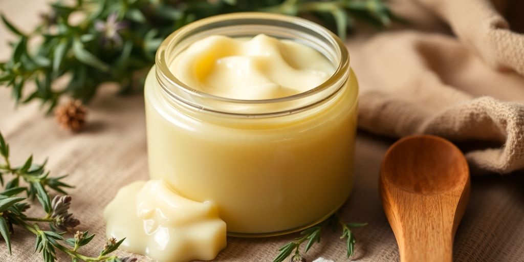Natural tallow salve with herbs and wooden spoon.