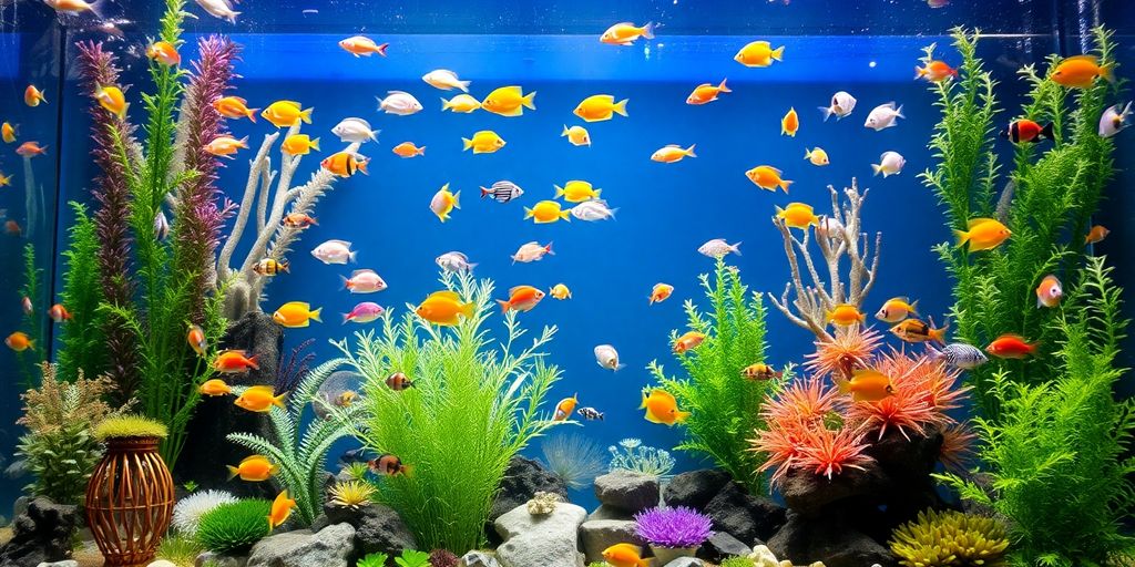 色彩斑斓的鱼在郁郁葱葱的水族馆中游动。