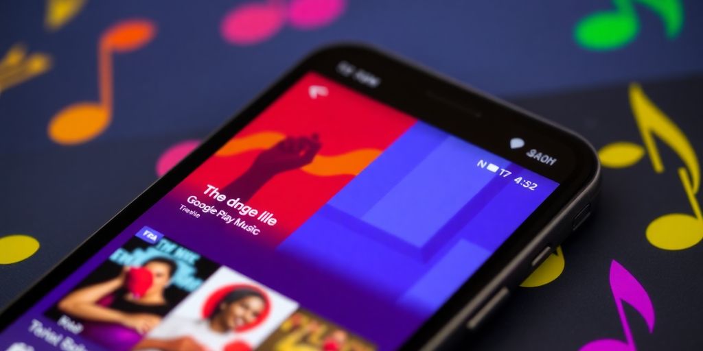 Smartphone with music app and colorful album covers.