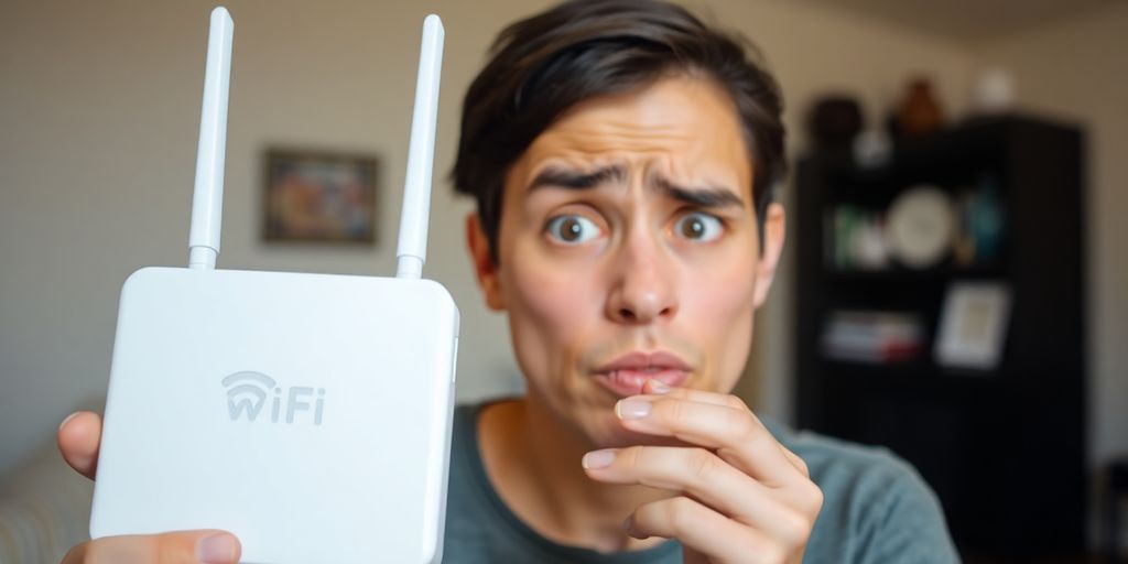 Person looking frustrated at a router.
