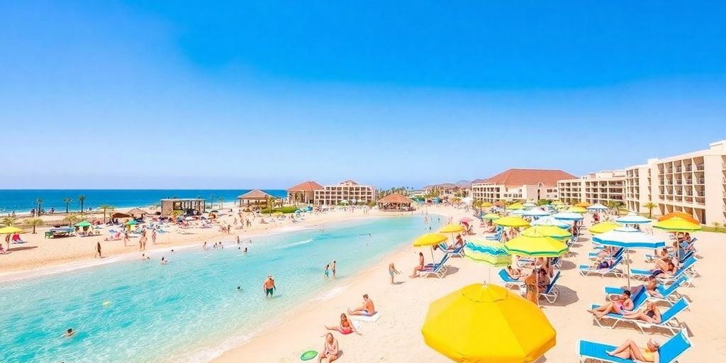 Colorful beach scene at Royal Solaris Los Cabos resort.