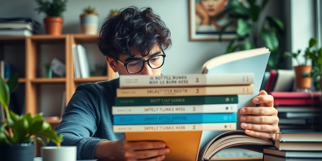Person reading motivational books in a cozy study.