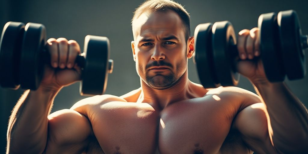 Man lifting heavy dumbbell with focused expression.