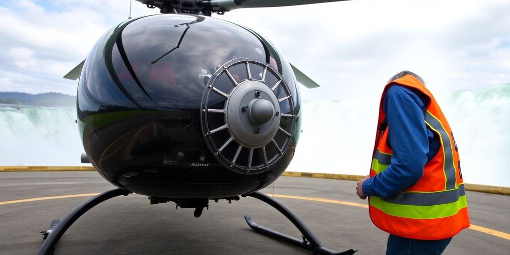 Operator inspects a helicopter on a helipad near Niagara Falls.