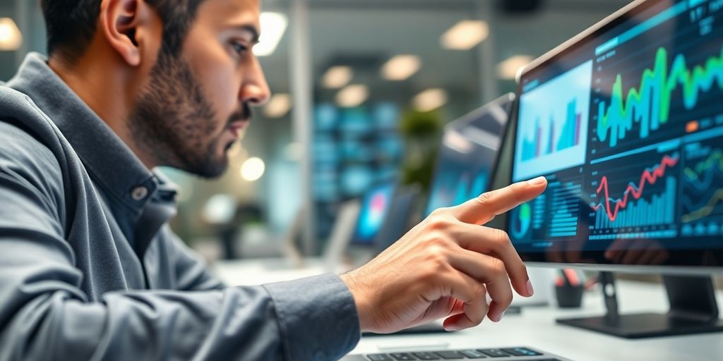 Business professional interacting with digital technology and data.