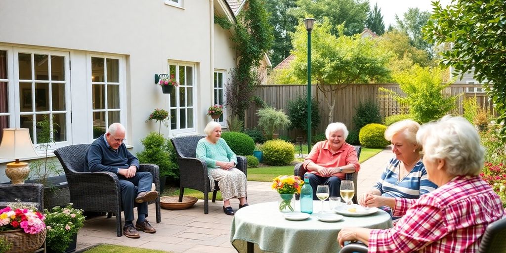Residência de idosos acolhedora e alegre com atividades.