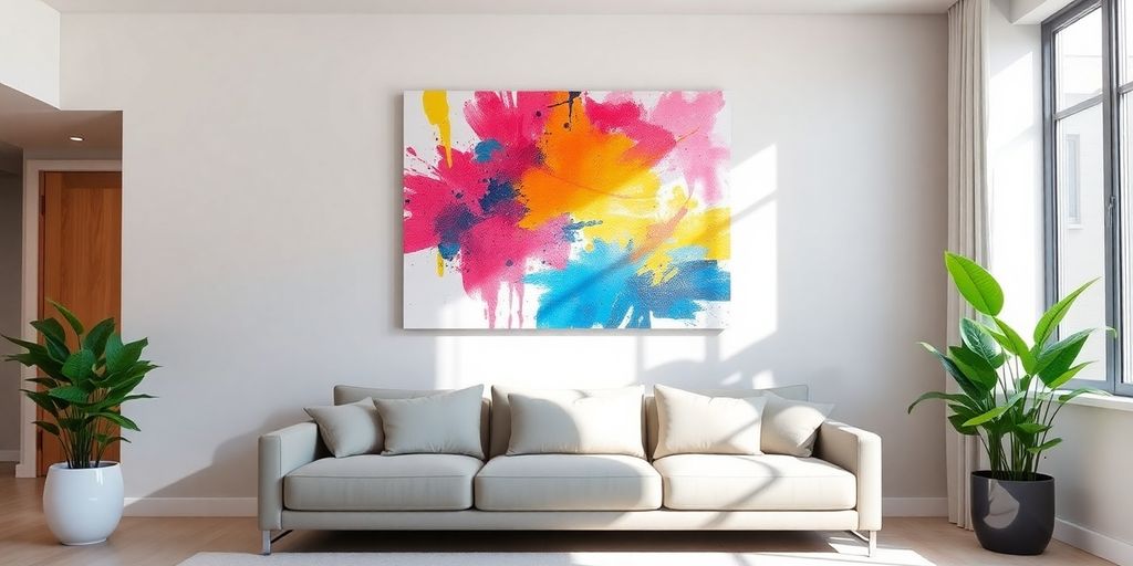 Well-lit room with diverse wall art.