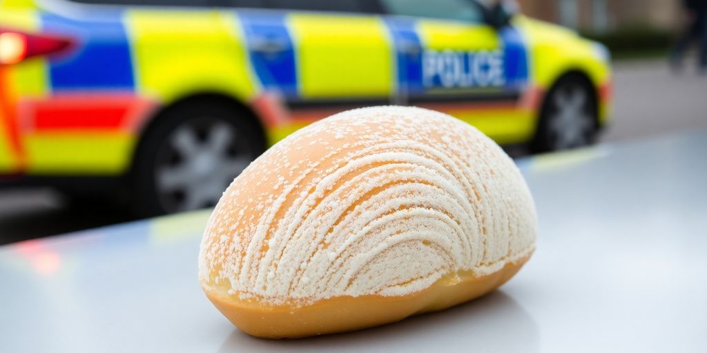 Une madeleine et une voiture de police sur fond flou.