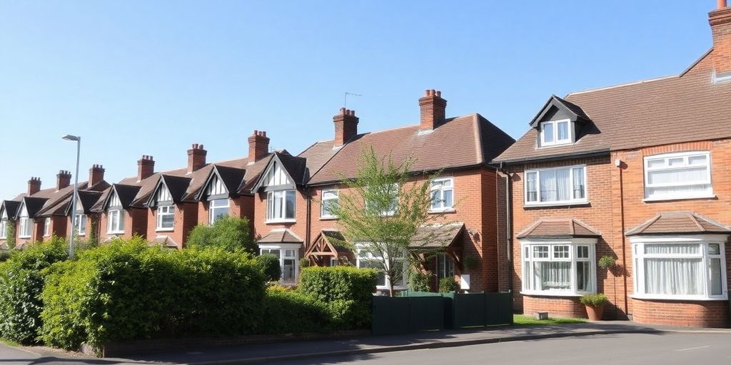 Cozy suburban street with houses and gardens