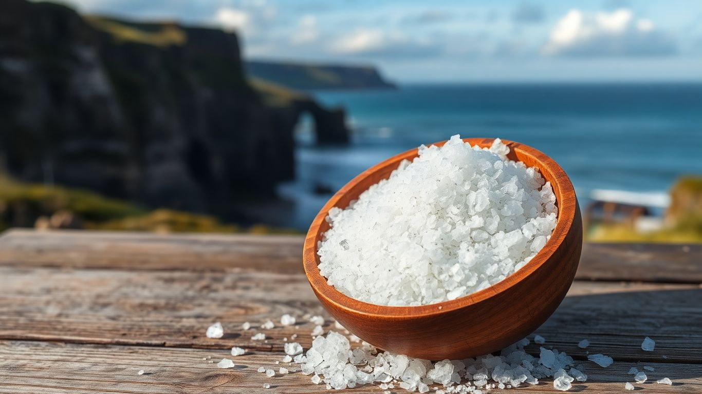 Coarse sea salt in bowl with Devon coastal background