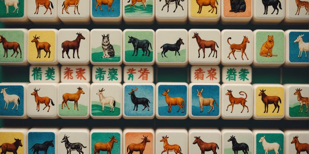A colorful collage of Mahjong tiles featuring different animals, set against a soft gradient background.