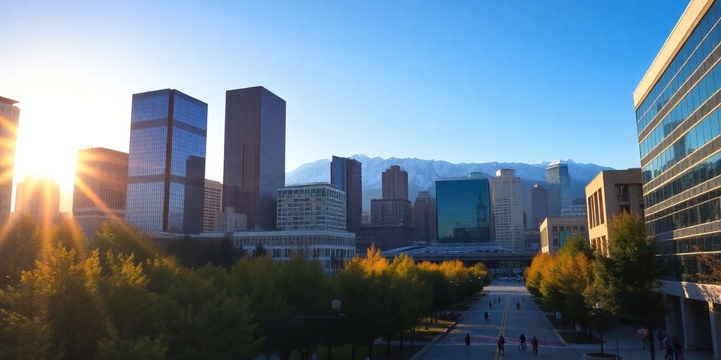 Denver skyline with snow-capped Rockies, golden buildings, and tree-lined park.