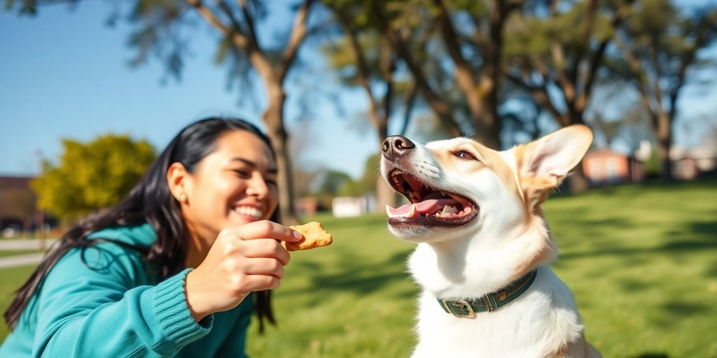 Dog receiving praise and treats from its owner outdoors.
