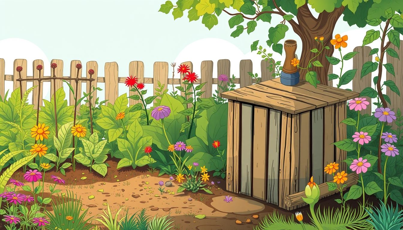 Lush garden with plants and a compost bin