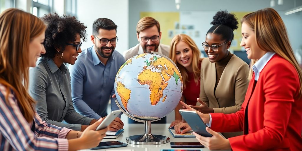 Diverse professionals collaborating around a globe in an office.
