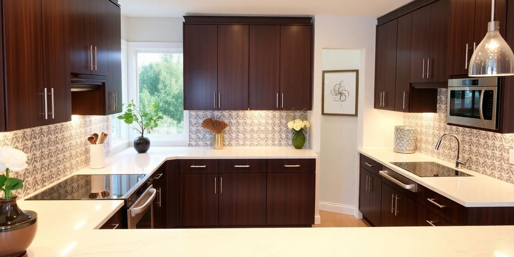 Modern kitchen with sleek cabinets and bright lighting.
