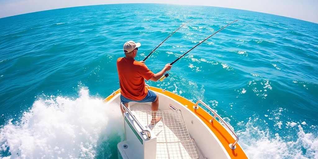Two people reeling in a large fish from a boat at sea.
