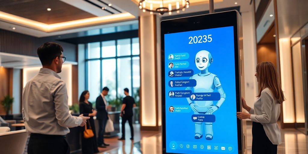 Savremeni hotel sa AI chatbotom i gostima.