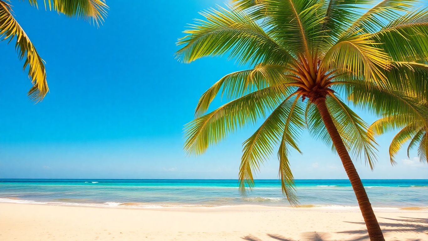 A beach with palm trees and a bright blue sky.