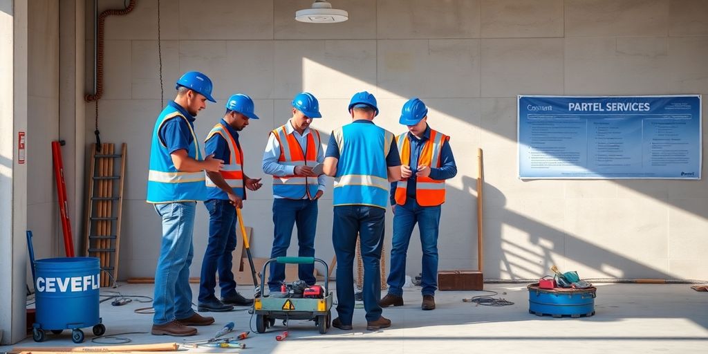 Bauarbeiter bei der Abnahme von Teilleistungen auf Baustelle.