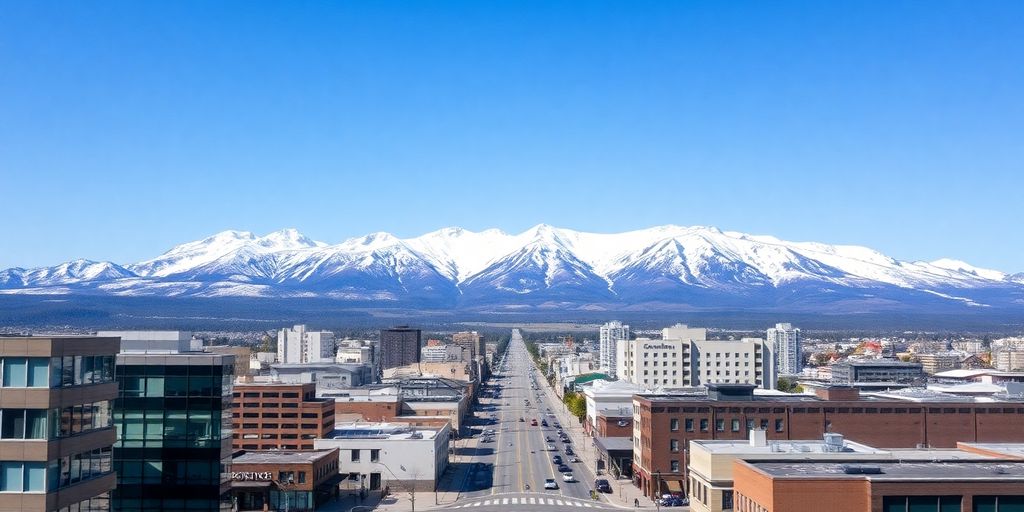 An aerial view of downtown Anchorage streets with mountains behind.