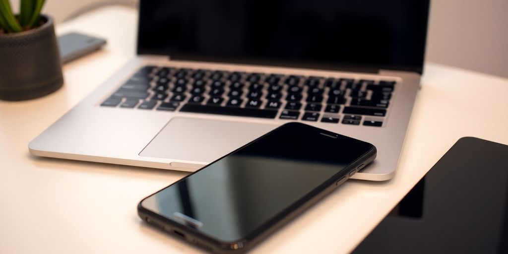 Laptop, smartphone, and tablet on a desk.