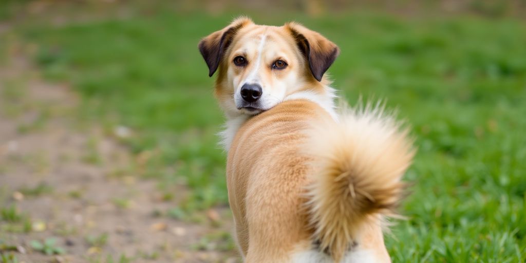 Dog holding tail to the side.