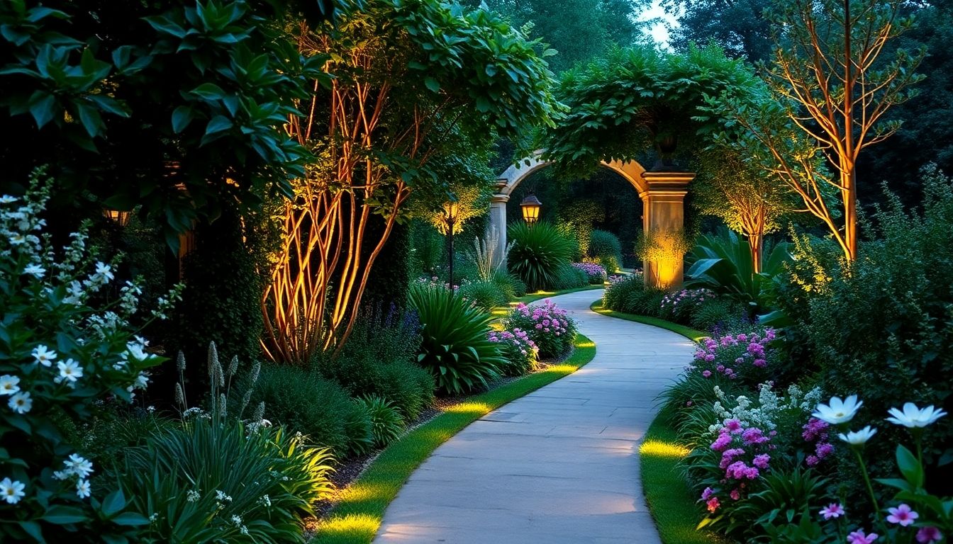Illuminated garden pathway with warm lights and greenery.