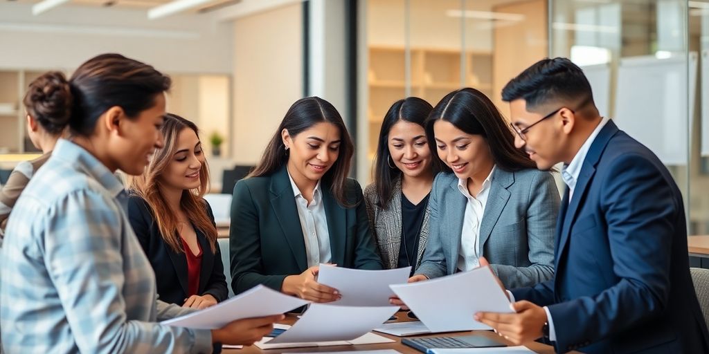 Unlocking Global Communication: The Importance of Notarized Translation Services 4 Professionals collaborating on documents in a modern office.
