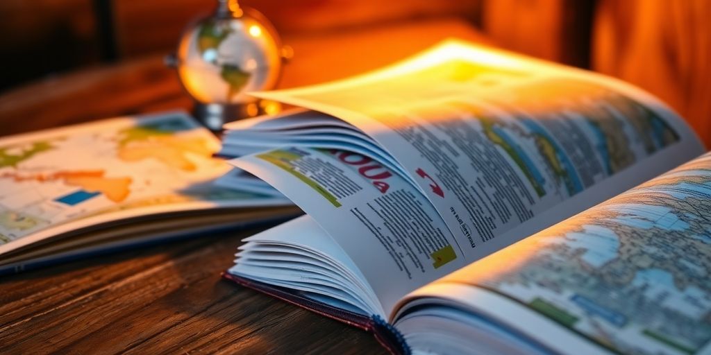 Open travel guides on a wooden table.