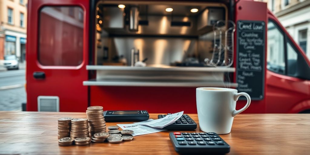 Red mobile catering van with coins and steaming coffee cup.