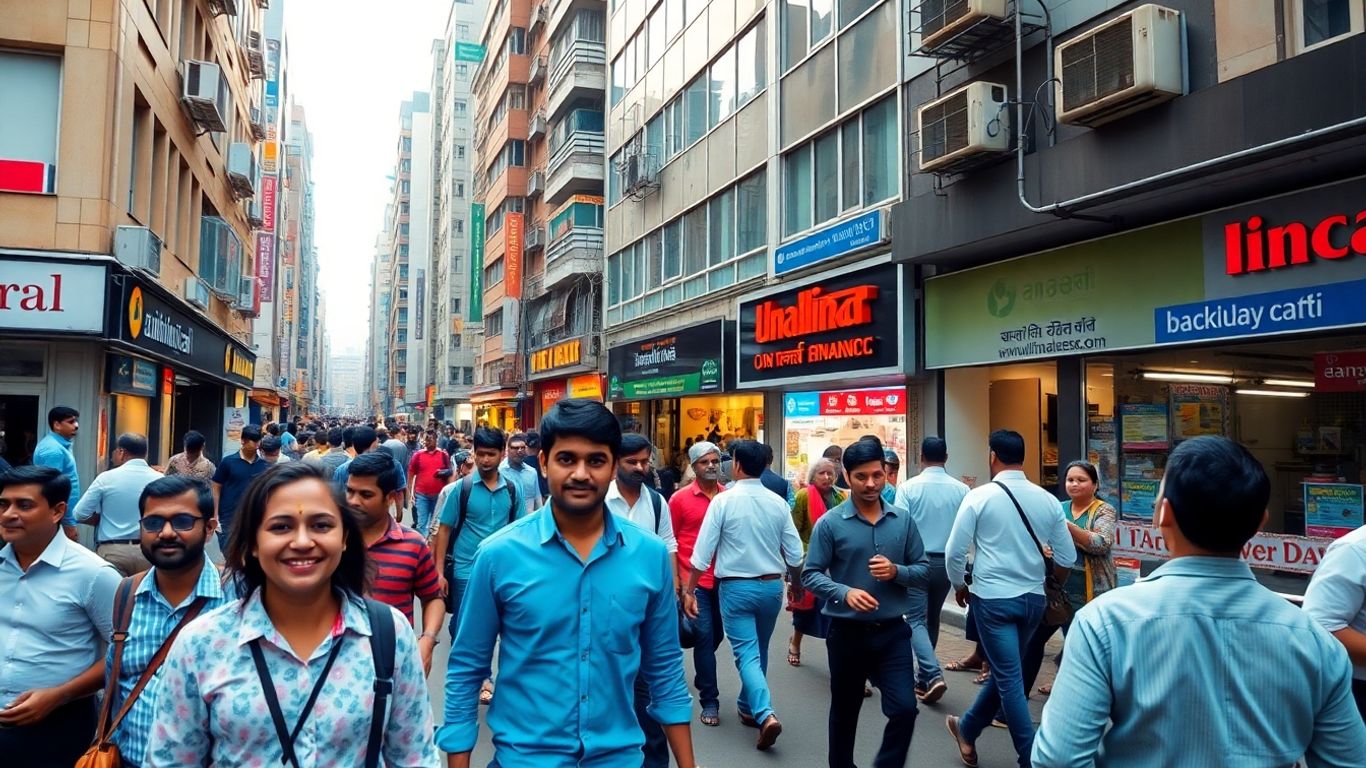 Young professionals near Indian small business buildings in city