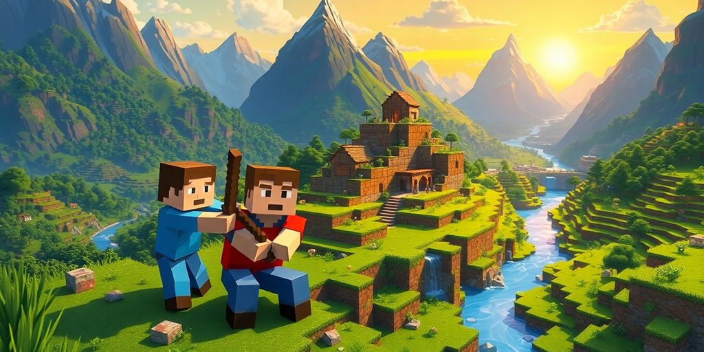 Minecraft characters building blocky world.