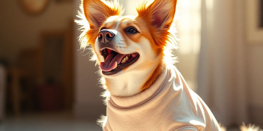 Happy dog wearing a stylish, comfortable t-shirt.