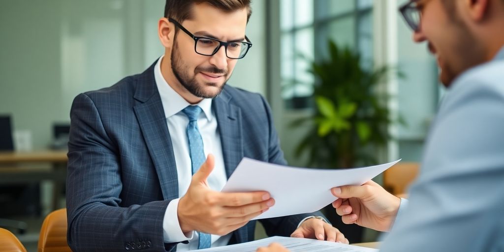 Man in suit shaking hands with client in office.
