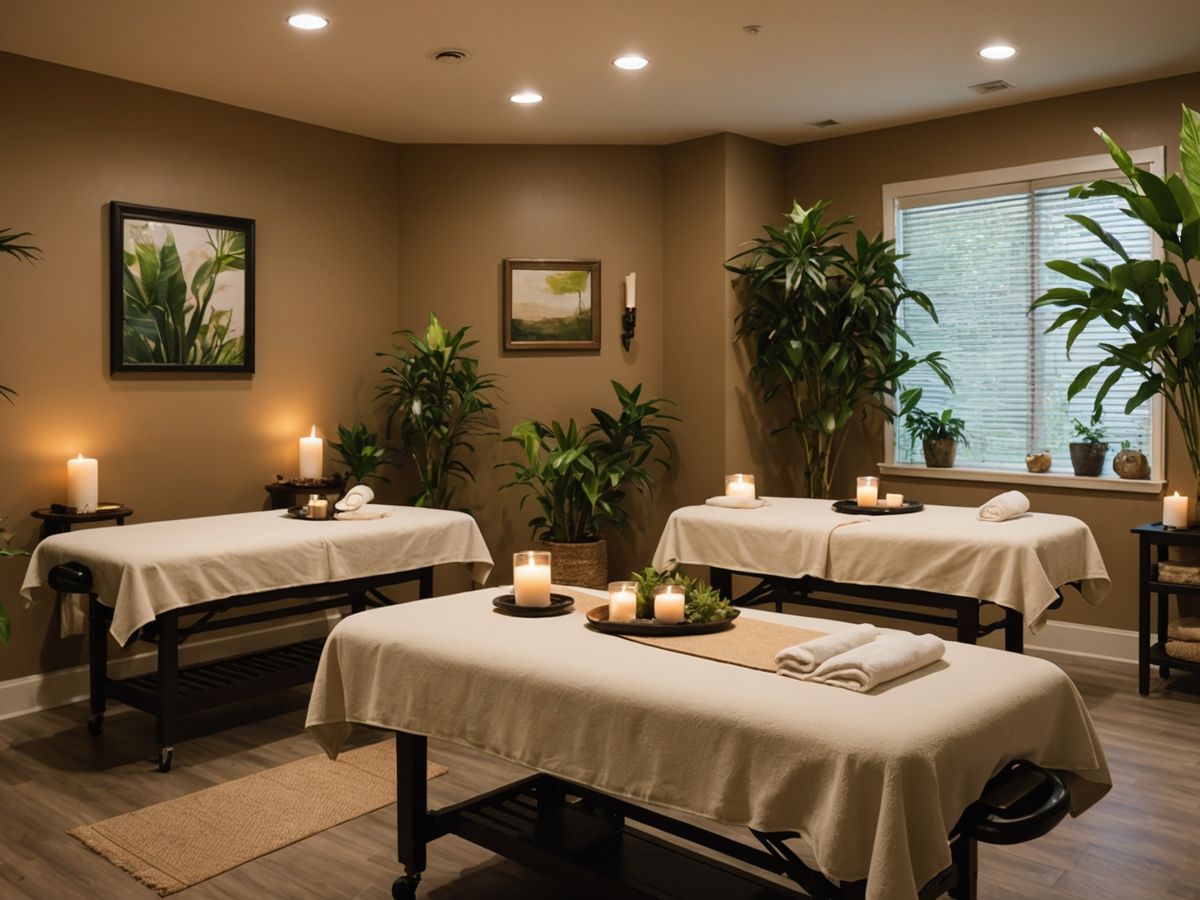 Serene massage salon with soft lighting and calming decor.