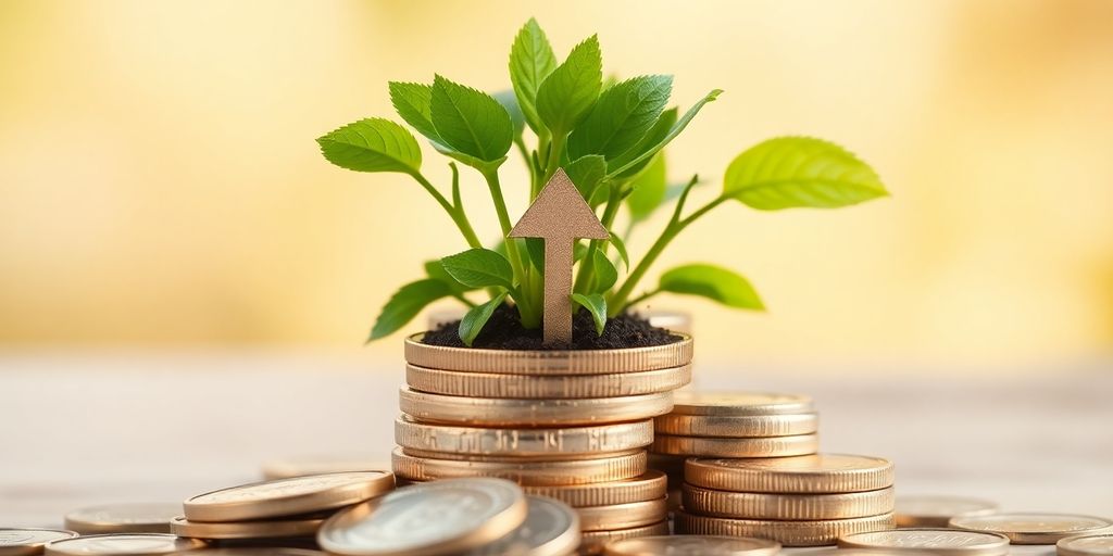 Coins stacked, growing plant, rising arrow.