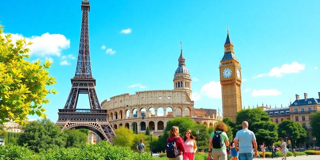 Travelers explore iconic European landmarks on sunny adventures.