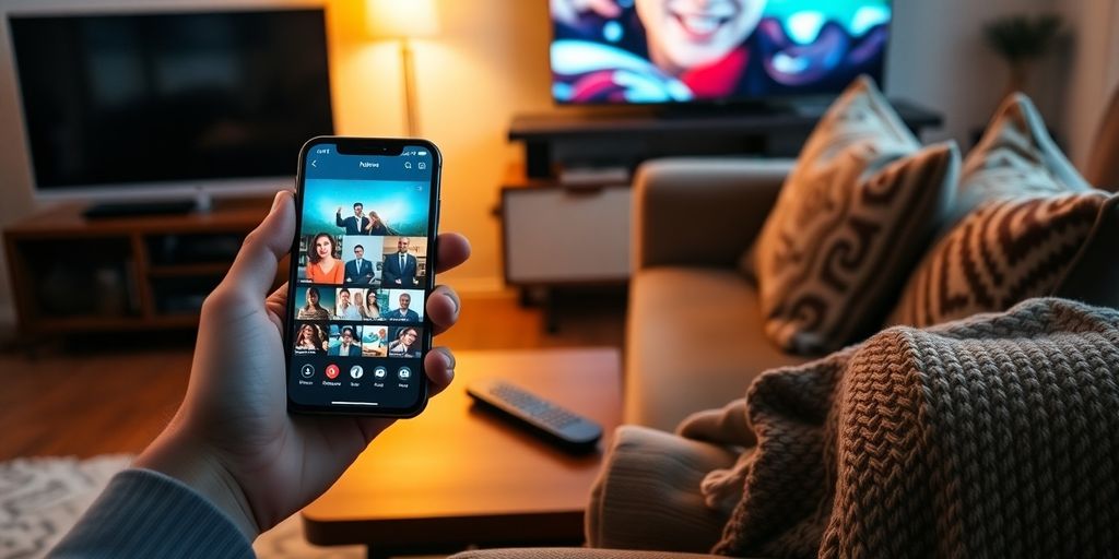 هاتف ذكي يعرض فيديو مع جهاز تحكم على أريكة مريحة