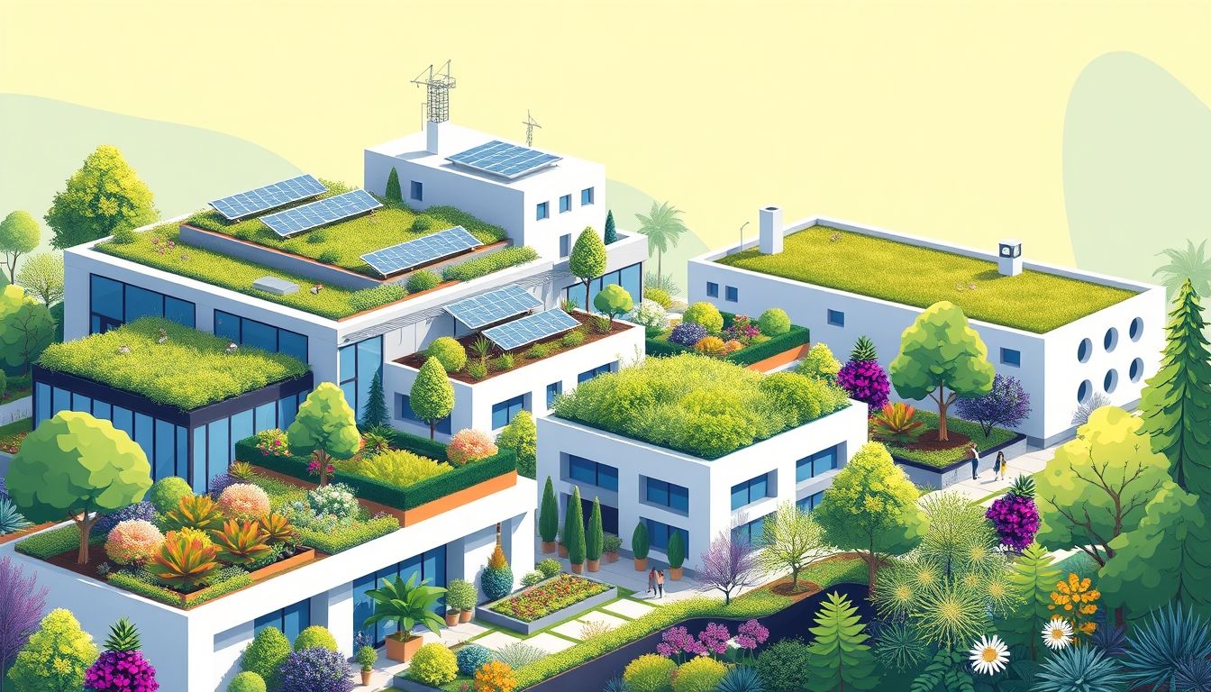 Modern architecture with green roofs and solar panels